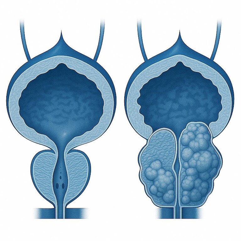 Vergleich einer gesunden Prostata (links) und einer mit Tumoren befallenen Prostata (rechts)